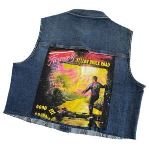 Via Penny Lane Reworked Apparel Elton John Graphic Raw Hem Cropped Denim Vest XL